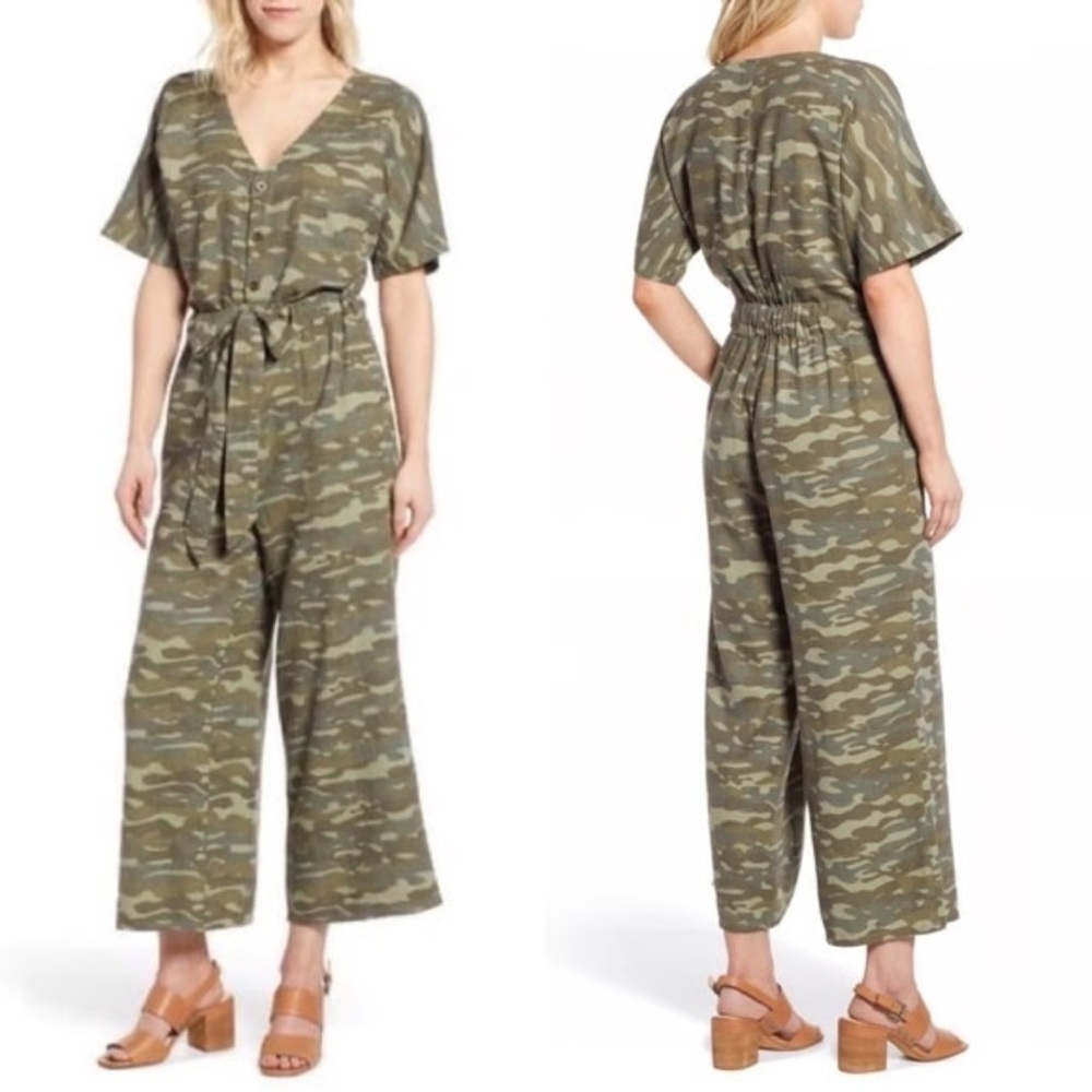 Caslon Linen Blend Green Camo Wide Leg Buttoned Front Tie Wait Jumpsuit Small